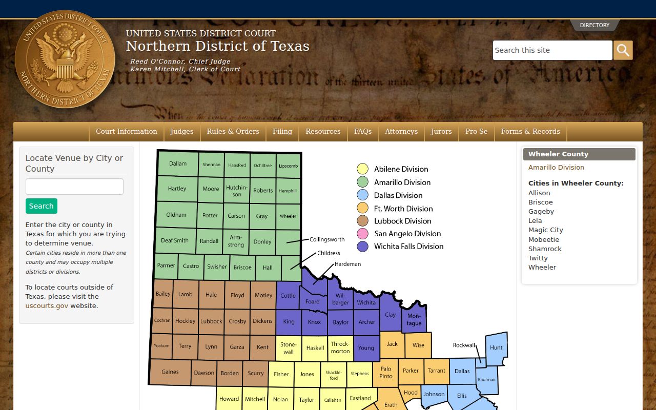 Wheeler County criminal court cases federal district assignment
